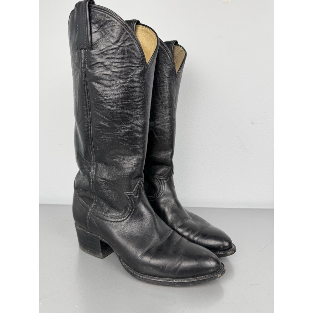 Vintage Tony Lama Tall Black Leather Boots Womens 6 B Riding Buckaroo Western